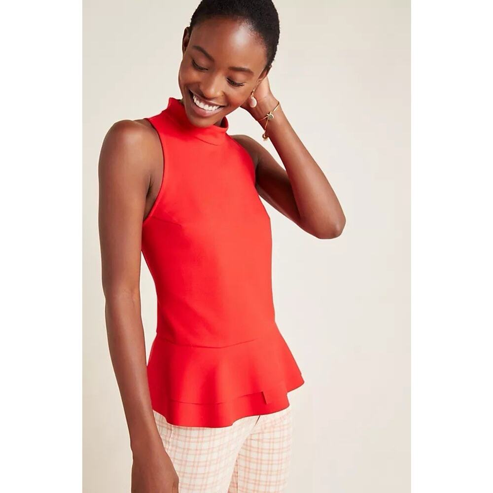 Anthropologie Sz S Cressida Top Red Ponte Scuba Knit Peplum Sleeveless Mock Neck